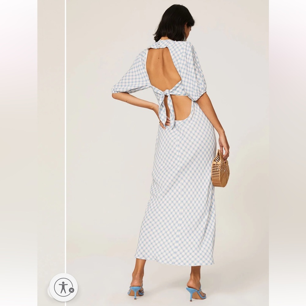 RIXO Light Blue and White Check Wrap Dress
